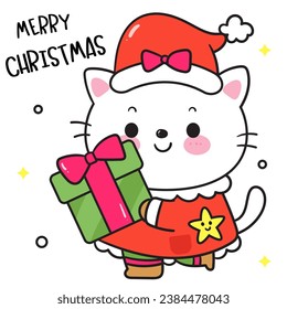 Cute Cat Christmas gift santa cartoon (happy new year kids) animal kawaii kitten vector for fairy tale book. Perfect make a wish for winter festival, celebration party children, princess party.