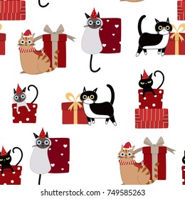 cute cat and Christmas gift seamless pattern