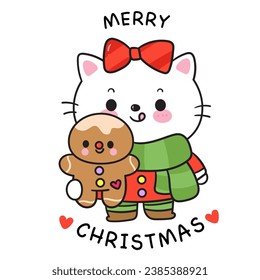 Cute Cat Christmas with gingerbread cookie (happy new year kids) animal kawaii kitten vector for fairy tale book. Perfect make a wish for winter festival, celebration party children, princess party.