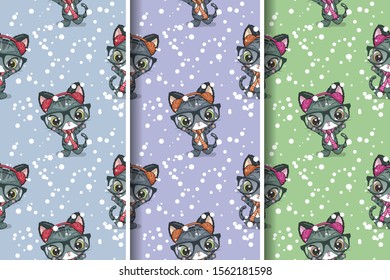 cute cat christmas greeting card. seamless pattern