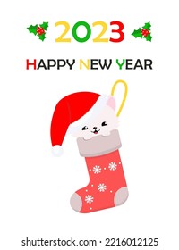 Cute cat in Christmas hat sits in Christmas stocking. 2023. Happy New Year. Vector illustration. Cartoon flat style