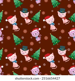 Cute cat with Christmas hat and Christmas tree on red color background pattern for fabric textile wallpaper gift wrapping paper background.