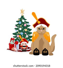 Cute cat in christmas holiday nutcracker hat. Merry Christmas and Happy New Year greeting card.