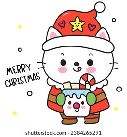 Cute Cat with Christmas hot chocolate snowman cup (happy new year kids) animal kawaii kitten vector for fairy tale book. Perfect make a wish for winter festival, celebration party children, princess .