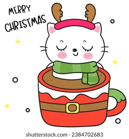 Cute Cat Christmas in hot chocolate mug  (happy new year kids) animal kawaii kitten vector for fairy tale book. Perfect make a wish for winter festival, celebration party children, princess party.