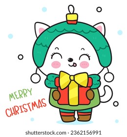 Cute Cat Christmas with magic gift (happy new year kids) animal kawaii kitten vector for fairy tale book. Perfect make a wish for winter festival, celebration party children, princess party, pattern.