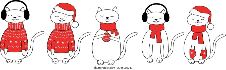 Cute cat for Christmas and new year. Cartoon style. Vector drawing.