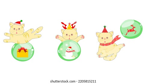 cute cat Christmas with   reindeer , snowman , gift bubble chrismas concept vector illustration.