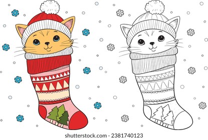 Cute Cat in Christmas Sock. Black and white lines. Coloring page for adults and kids. Activity Book.