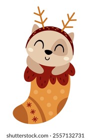 Cute cat in Christmas sock. Christmas cat clipart. Cute festive character. Hand draw vector illustration in flat style