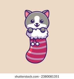 Cute cat in christmas sock simple cartoon vector illustration christmas concept icon isolated