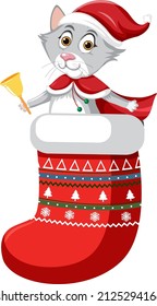 Cute Cat In Christmas Stocking In Cartoon Style Illustration