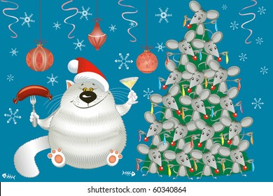 Cute cat and christmas tree decorated with mice