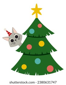 Cute cat and Christmas tree on white background