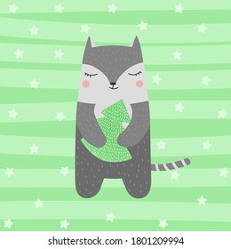 Cute Cat and Christmas tree Scandinavian style for kids hand drawn Doodle Vector cartoon illustration
