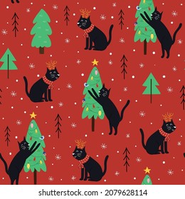 Cute cat and Christmas tree seamless pattern. Kitten sharpens its claws on the Christmas tree. Funny xmas holiday background. Vector illustration