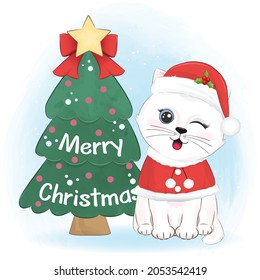 Cute cat and Christmas tree. Christmas season illustration.