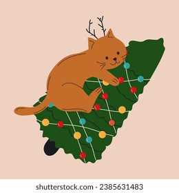 Cute cat with christmas tree. Vector illustration.