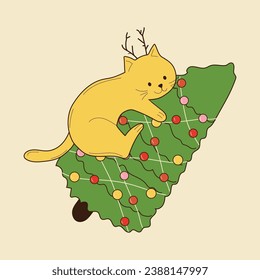 Cute cat with christmas tree. Vector illustration.	
