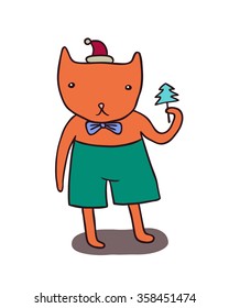 Cute cat with Christmas tree vector illustration.