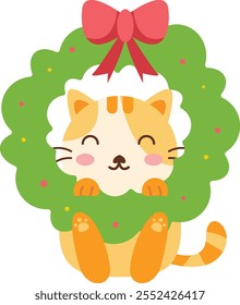 Cute Cat in Christmas Wreath Illustration