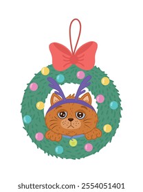 Cute cat with a Christmas wreath. A pet is playing with a Christmas decoration.  The vector festive illustration shows a Christmas wreath with a cat.Merry Christmas and New Year greeting card.