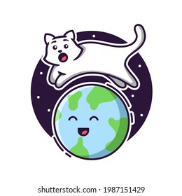El gato lindo está rodeando la tierra. Ilustración vectorial con estilo de dibujos animados bonitos y únicos.