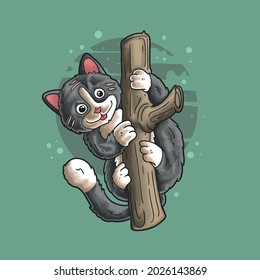 Un gato lindo está escalando una ilustración de árbol de estilo vectorial grunge