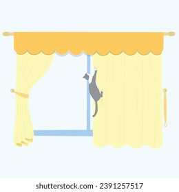 Cute cat clings to the window curtain illustration vector isolated on white background. Cat climbs on window curtain. Collection of cats and furniture. Love your pet day.