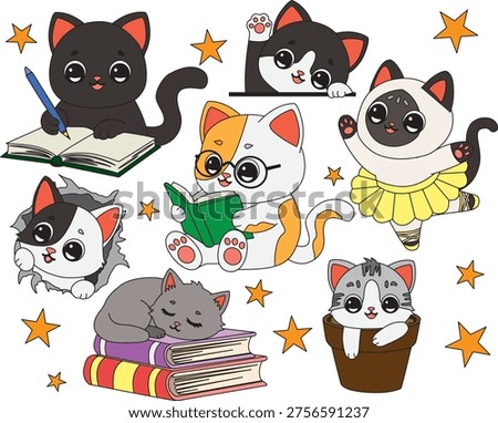 Cute Cat Clipart Kitten Sticker Pussycat Vector Kawaii Chibi Scrapbooking Cartoon Cats Collection Illustration