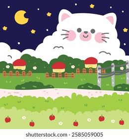 Cute cat cloud on sky background.Night moon and star.Meow.House village.Garden mountain flower grass.Pet animal character cartoon design.Kawaii.Vector.Illustration.