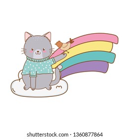 cute cat in cloud with rainbow woodland character
