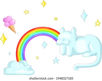 A cute cat cloud, shiny rainbow, ice cream, stars and a small blue cloud. Cute fantasy for children. Sweet dreams for children's room design.