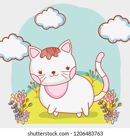 cute cat with clouds and flowers plants