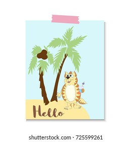 Cute cat with cocktail on the beach under a coconut palm. Vector cartoon illustration can be used for baby t-shirt, print design, baby shower, greeting and invitation card.