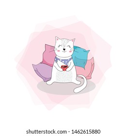 Cute cat with cofee time.cute hand draw wild animal cartoon character.