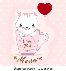 cute cat in coffe cup character and heart balloon, valentine's day illustration