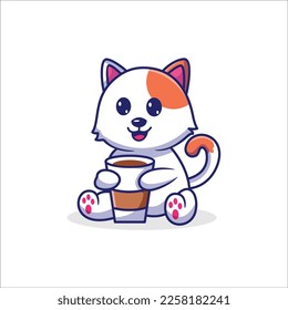 Cute Cat With Coffe Illustration Cartoon