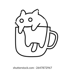 Cute cat coffee art style illustration. Simple cat line art outline 