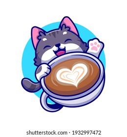 Cute Cat With Coffee Cup Cartoon Vector Icon Illustration. Animal Drink Icon Concept Isolated Premium Vector. Flat Cartoon Style