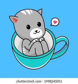 Cute cat in coffee cup cartoon illustration