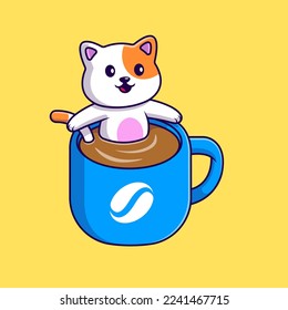 Cute Cat In Coffee Cup Cartoon Vector Icons Illustration. Flat Cartoon Concept. Suitable for any creative project.