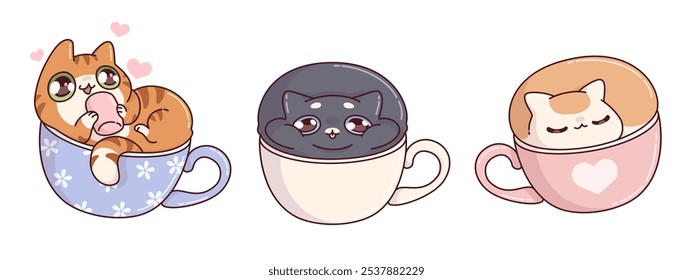 Cute cat in coffee cup cartoon illustration. Funny kitty print design for cafe on Valentine. Adorable and kawaii animal love tea mug in morning. Happy pet smile face with heart isolated japanese draw