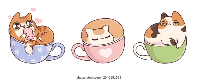 Cute cat in coffee cup cartoon illustration. Funny kitty print design for cafe on Valentine. Adorable and kawaii animal love tea mug in morning. Happy pet smile face with heart isolated japanese draw