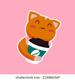 Cute cat with coffee cup colored icon. Flat cartoon style illustration isolated on pink. For logo, app, banner, web landing page, sticker, poster, card, flyer, print, digital wallpaper. Vector EPS 10