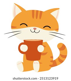 Cute Cat with Coffee Cup. Flat Vector Illustration