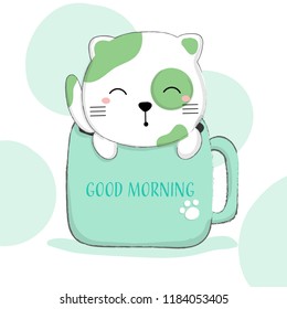 Cute cat with coffee cup hand drawn style. Vector illustration design.