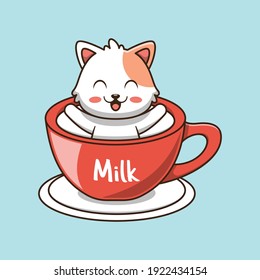Cute cat in coffee cup vector icon illustration
