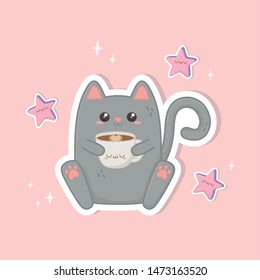 cute cat with coffee kawaii character