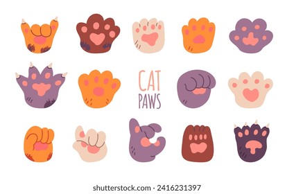 Cute Katze Farbe Pfoten Set. Kätzchen Tiere spazieren Gesten. Handgezeichnete Pads mit Krallen, einzelne Vektorgrafiken Sammlung.